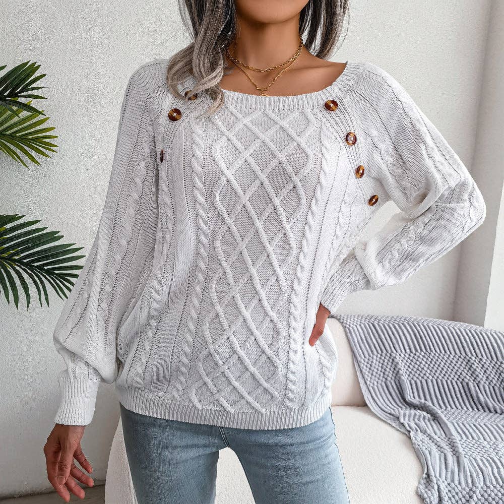 Fall Winter Casual Square Neck Button Detail Cable Knit Swea