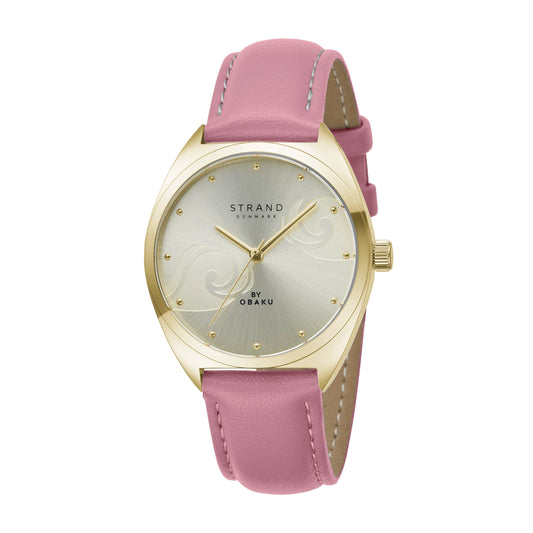 Gold ocean waves sunray pattern dial watch with Pink strap