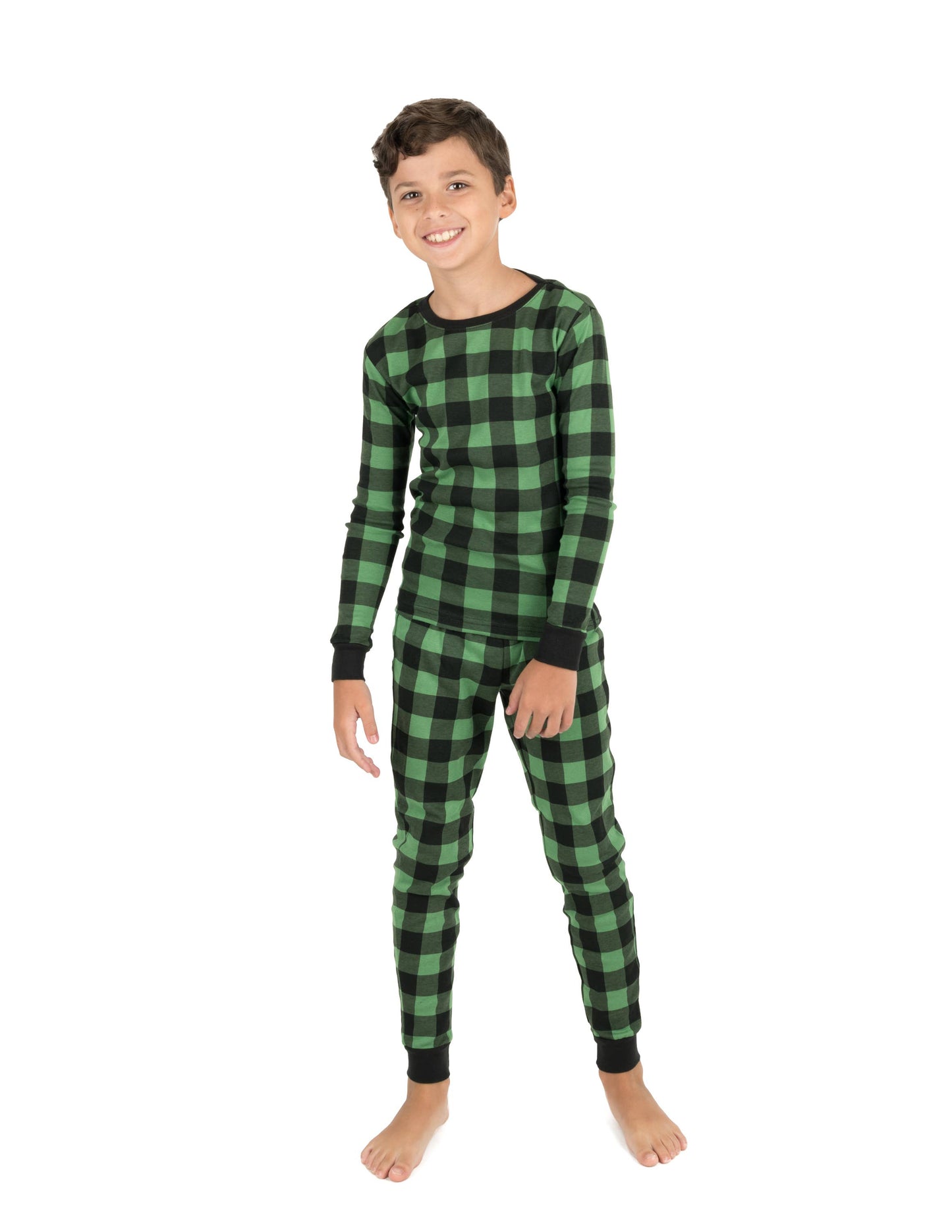 Kids Two Piece Cotton Pajamas Black & Green Plaid