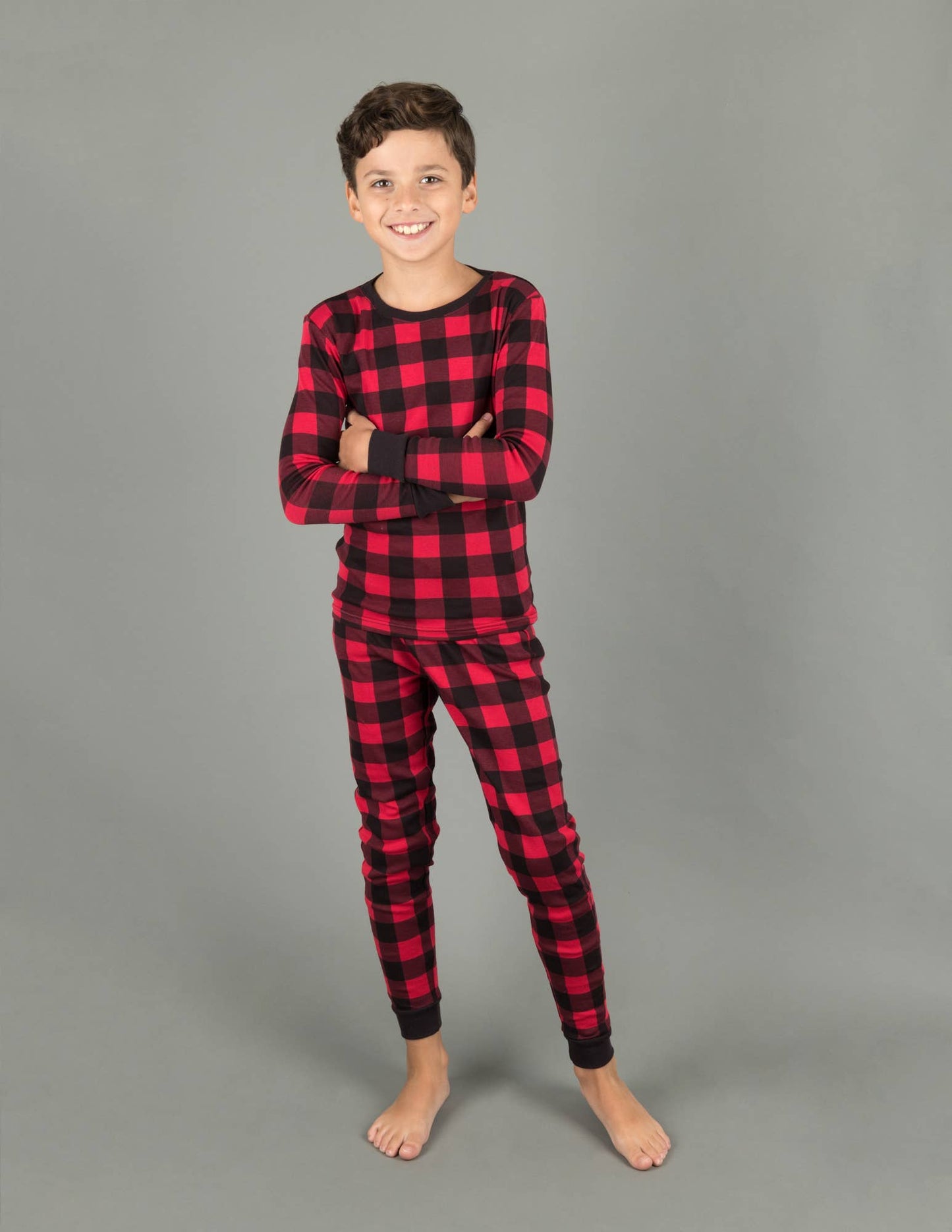 Kids Two Piece Cotton Pajamas Black & Red Plaid