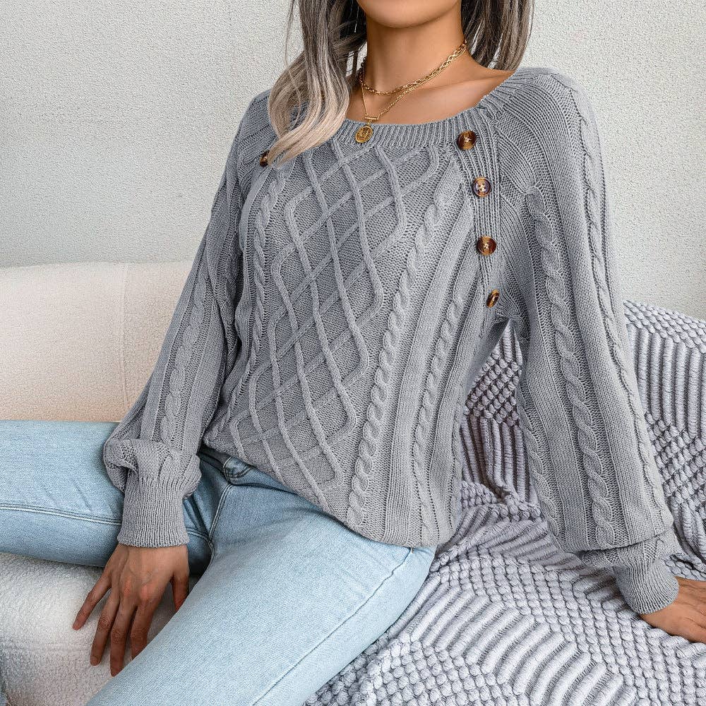 Fall Winter Casual Square Neck Button Detail Cable Knit Swea