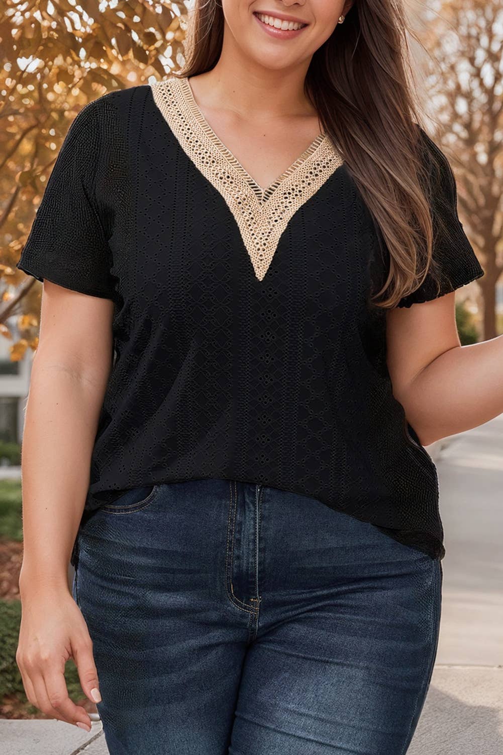 Black Geometric V Neck Plus Size Eyelet Embroidered Top