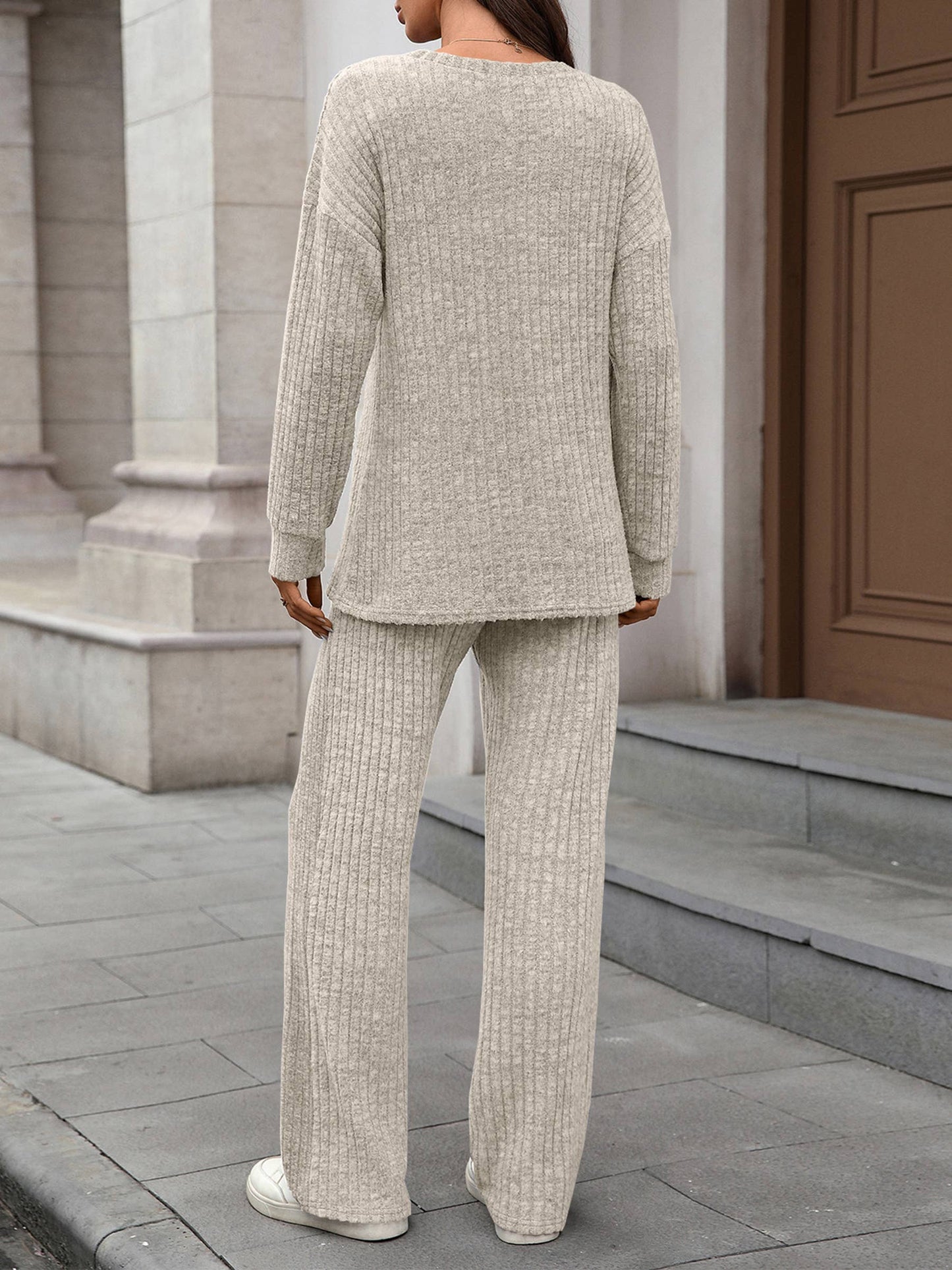 Round Neck Knitted Brushed Long Sleeved Pants Set