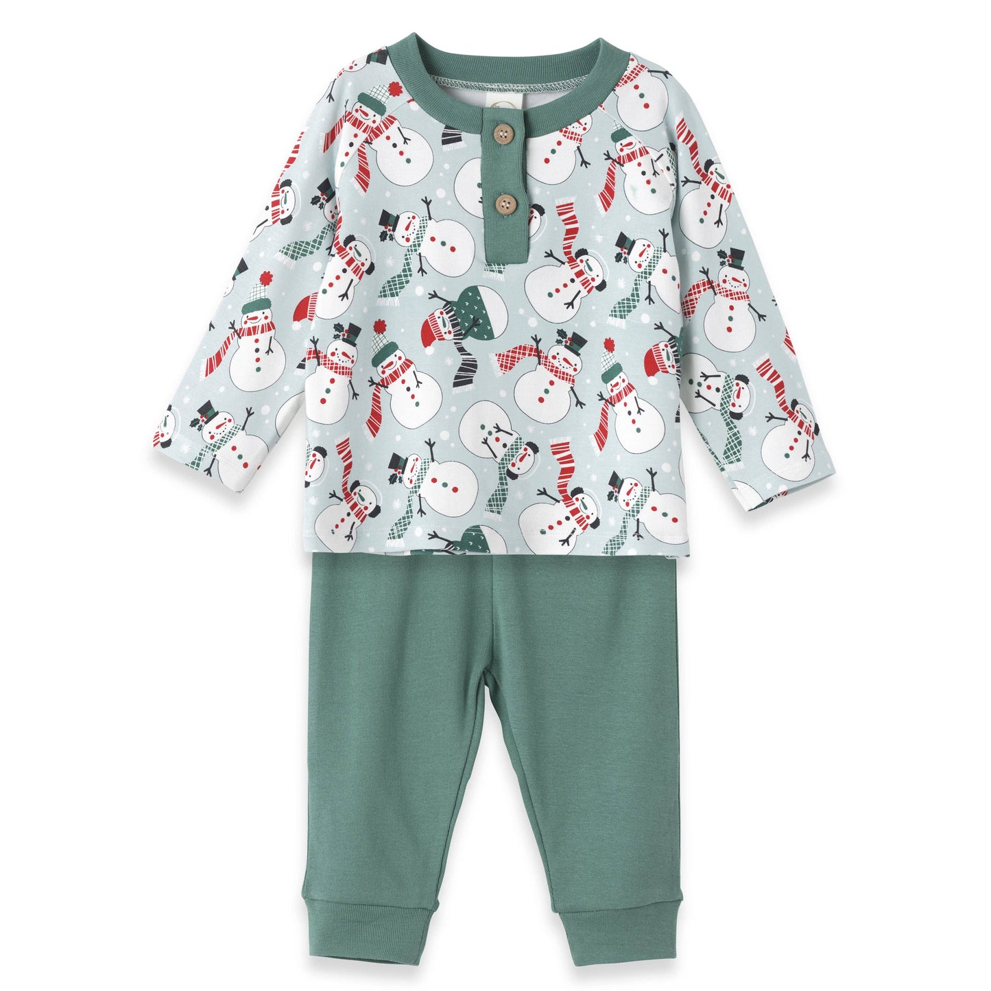 Christmas Snowmen Baby Boy's Bamboo Henley Top & Pants