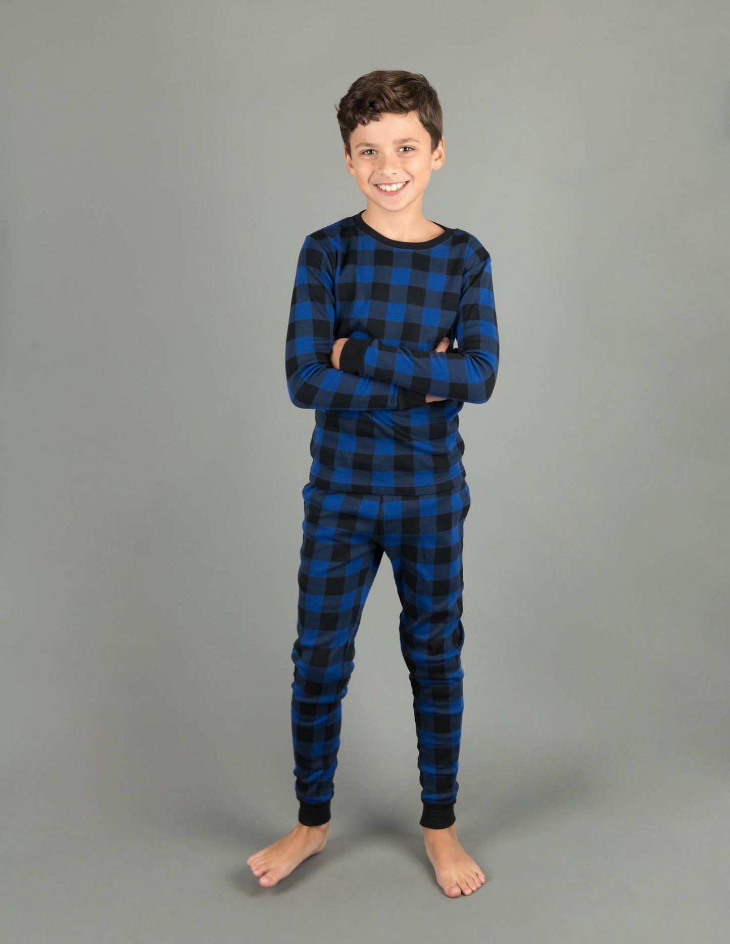 Kids Two Piece Cotton Pajamas Black & Navy Plaid