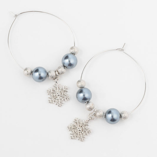 Holiday Silver Christmas Snowflake Charm Bead Hoop Earrings