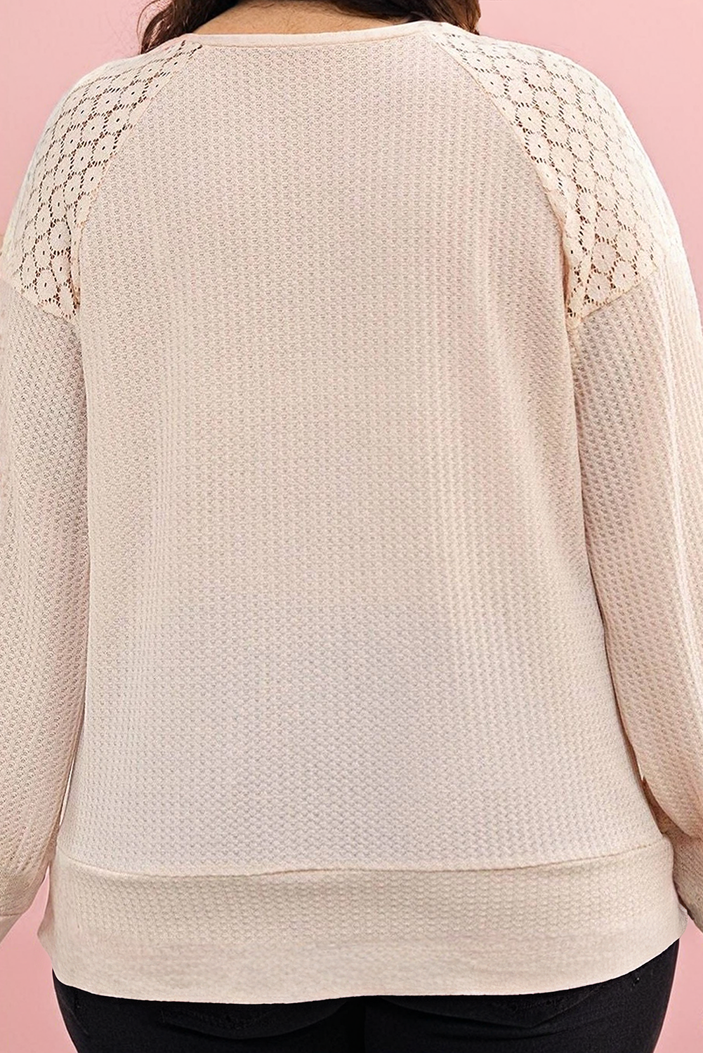 Plus Size Lace Patchwork Buttons Waffle Knit Top