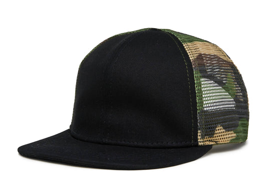 Flat Brim Trucker Hat - Black W/ Camo Mesh