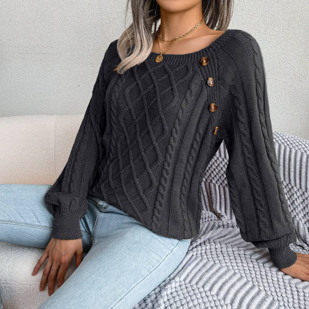 Fall Winter Casual Square Neck Button Detail Cable Knit Swea