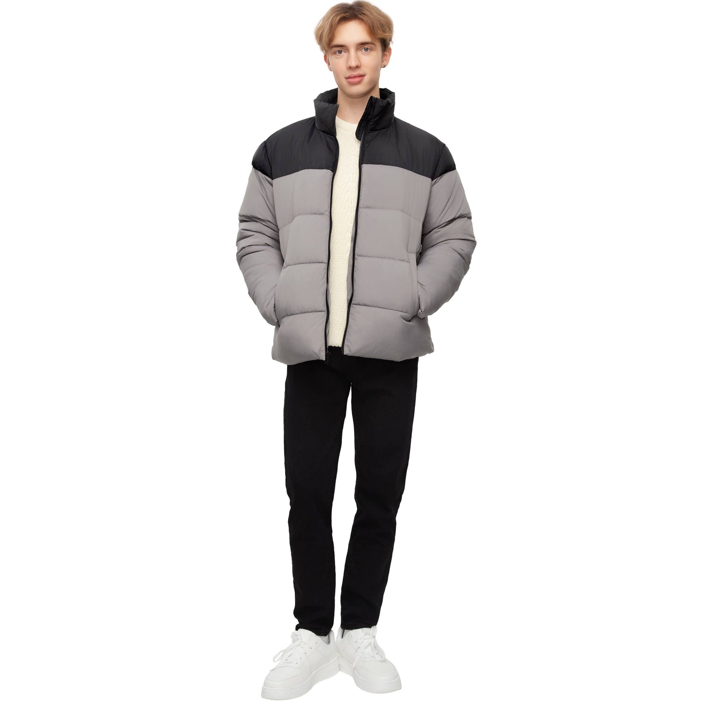 Men's Solid Puffer Coat Stand Up Collar Jacket