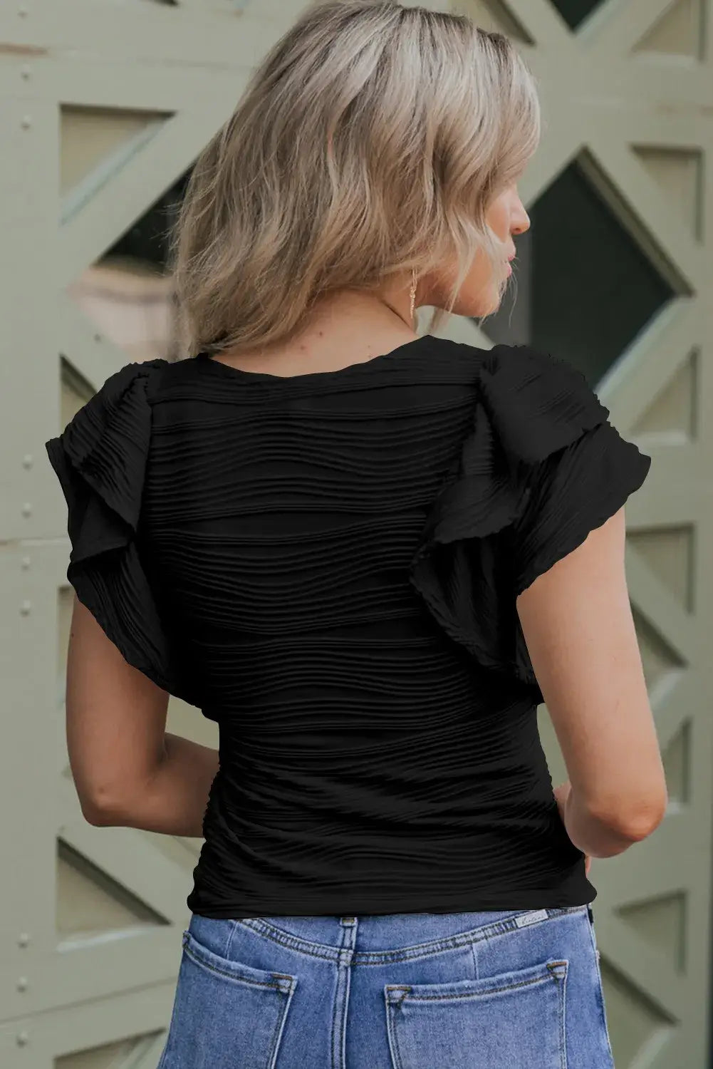 White Wavy Textured Ruffle Sleeve Top