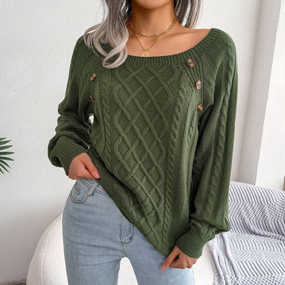 Fall Winter Casual Square Neck Button Detail Cable Knit Swea