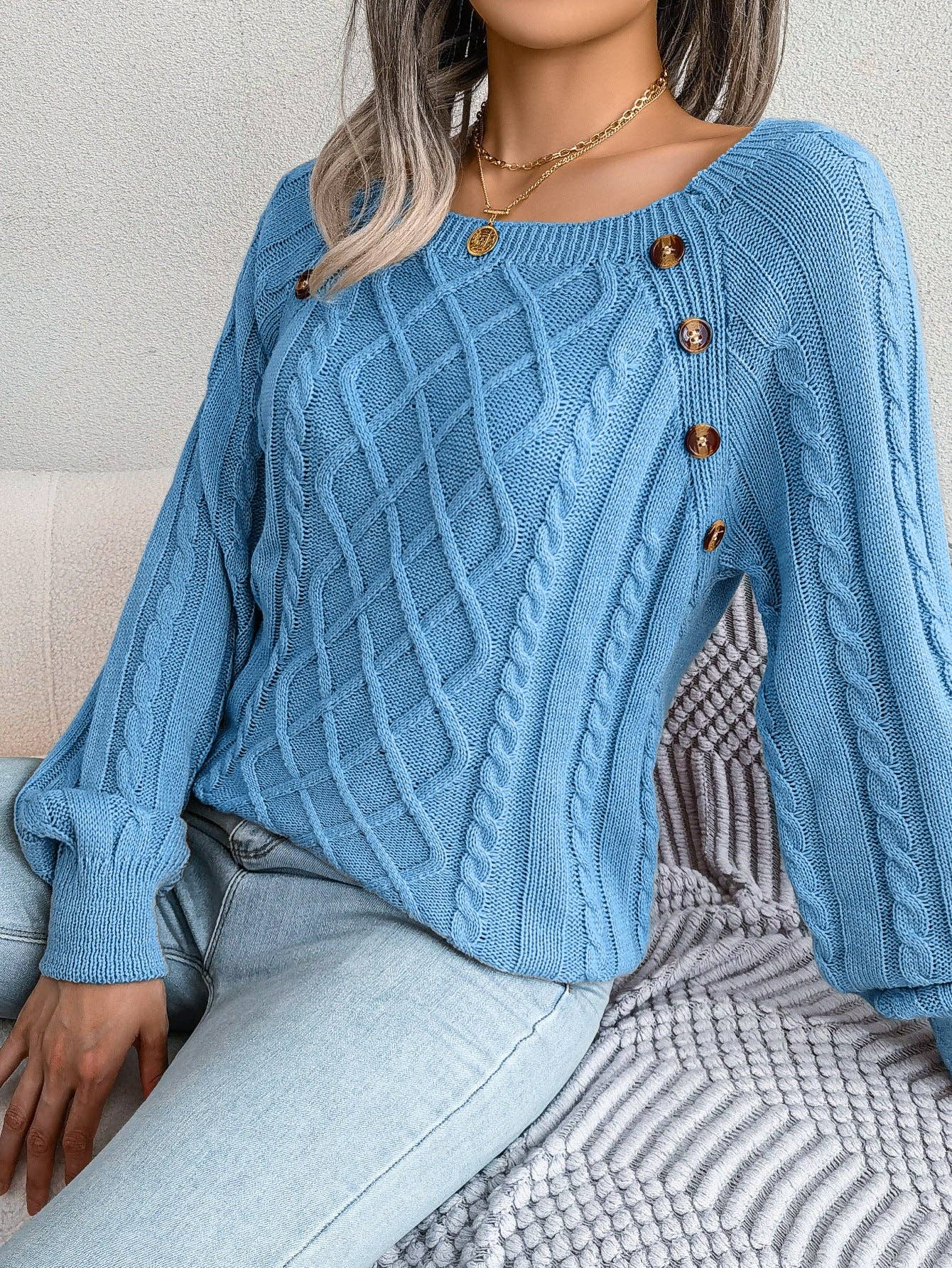 Fall Winter Casual Square Neck Button Detail Cable Knit Swea