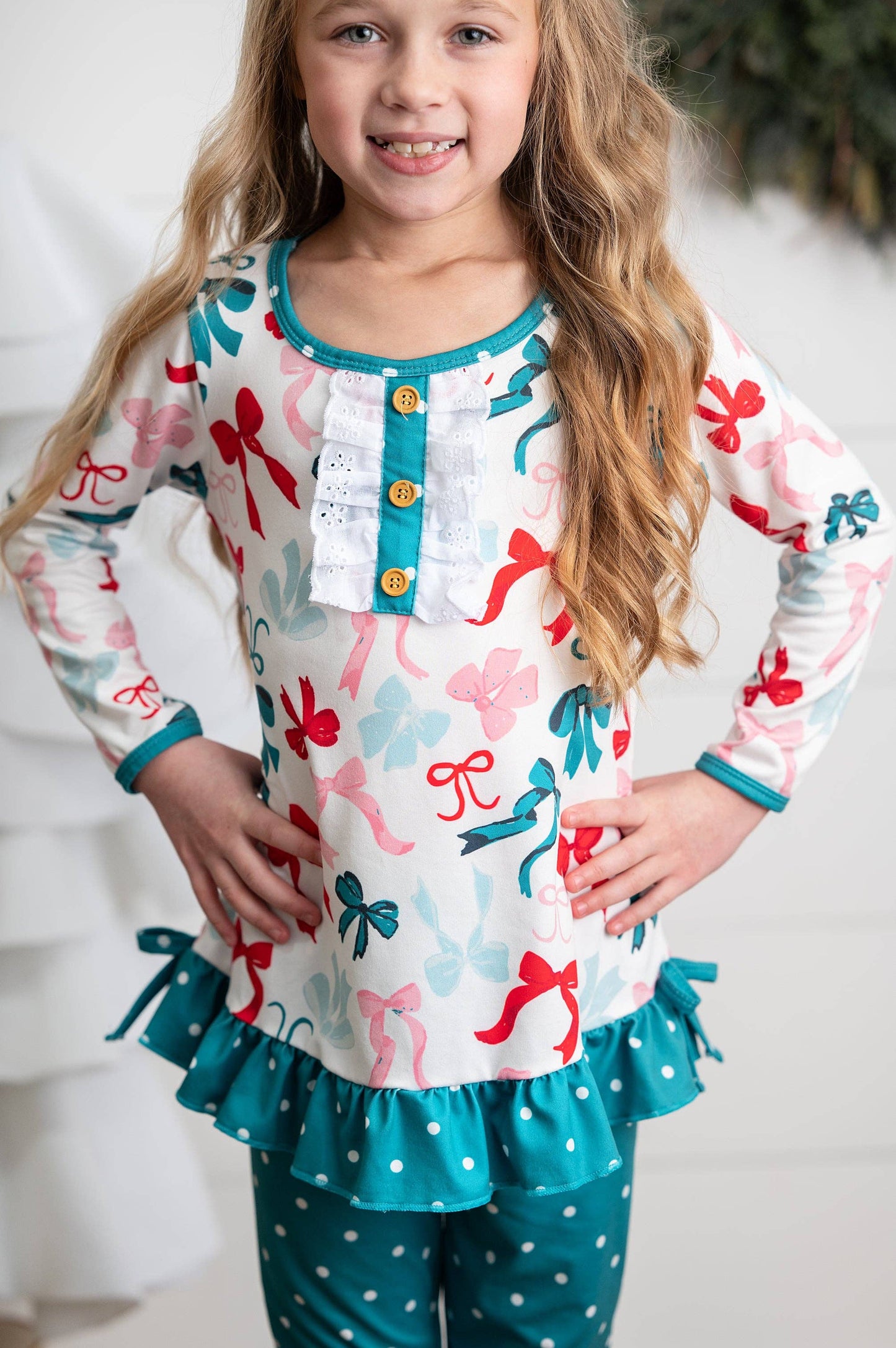 Girls Teal Coquette Bow & Pin Dot Ruffle Pant Winter Set