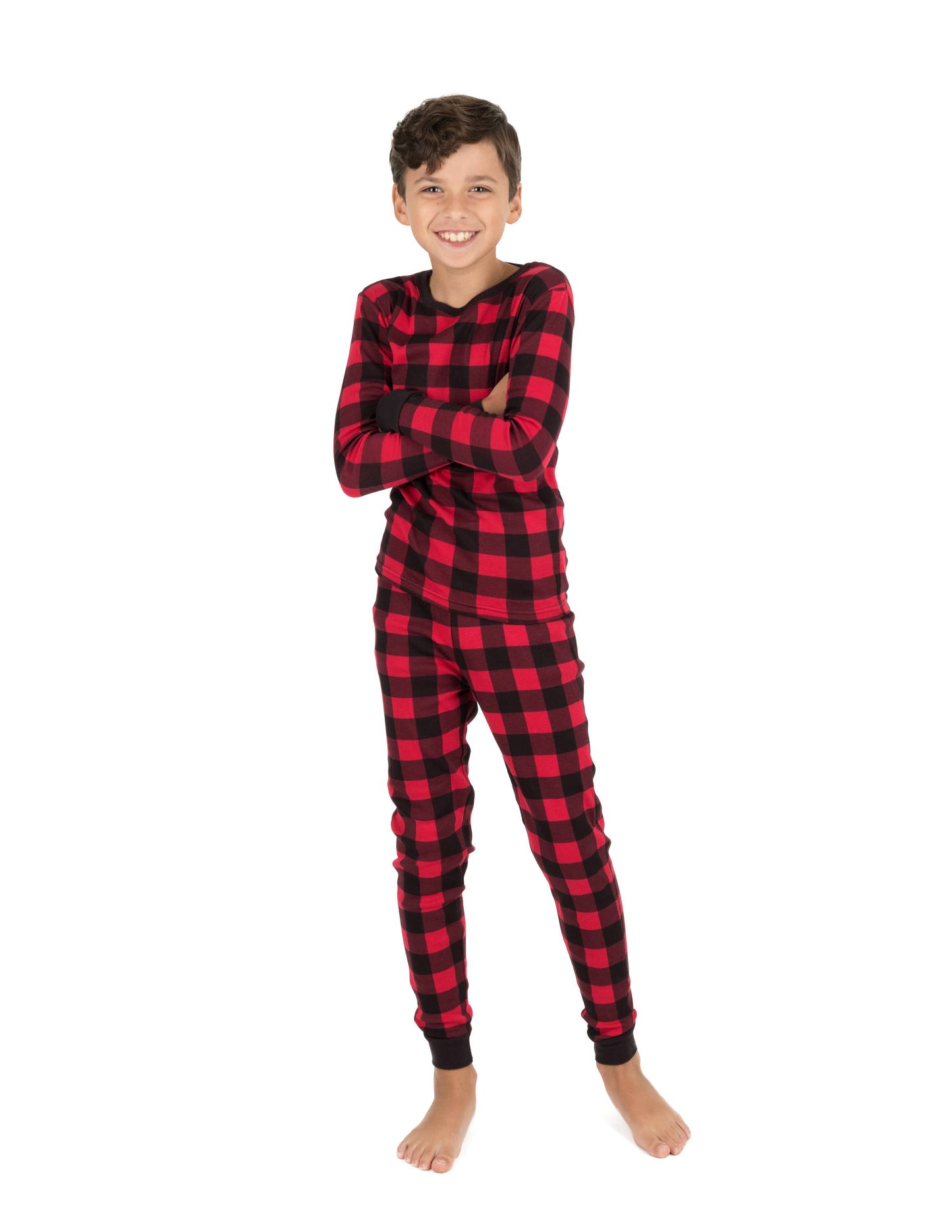 Kids Two Piece Cotton Pajamas Black & Red Plaid