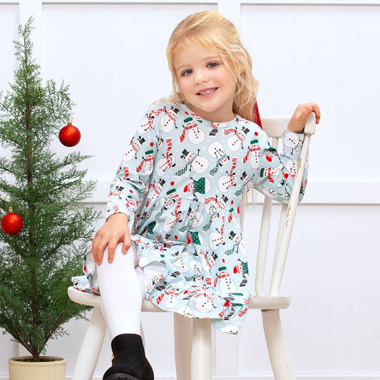 Girl's Christmas Snowmen Bamboo Twirl Dress
