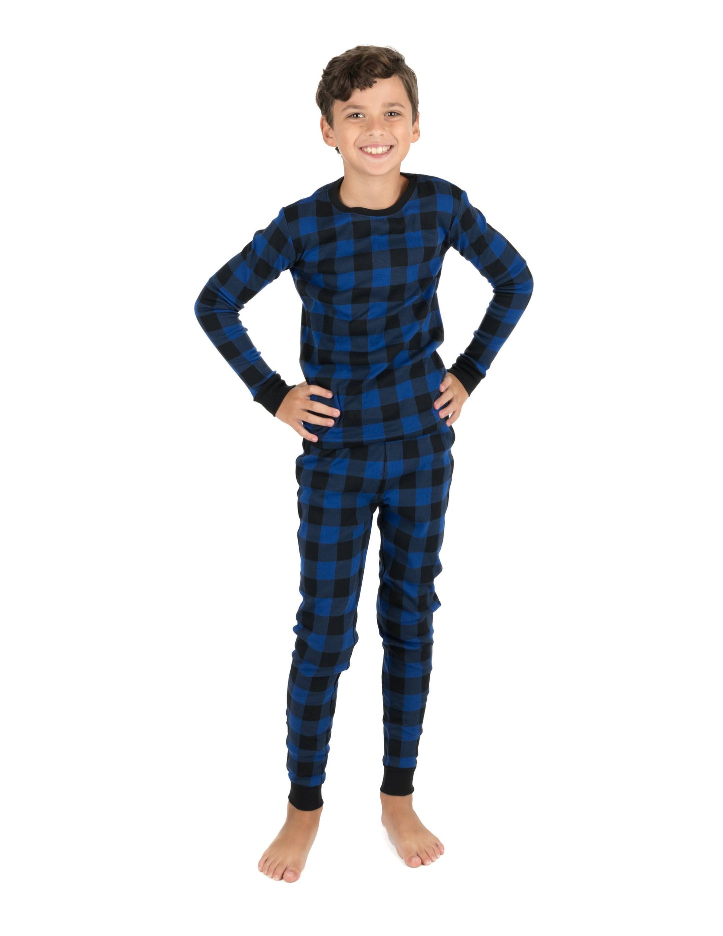 Kids Two Piece Cotton Pajamas Black & Navy Plaid