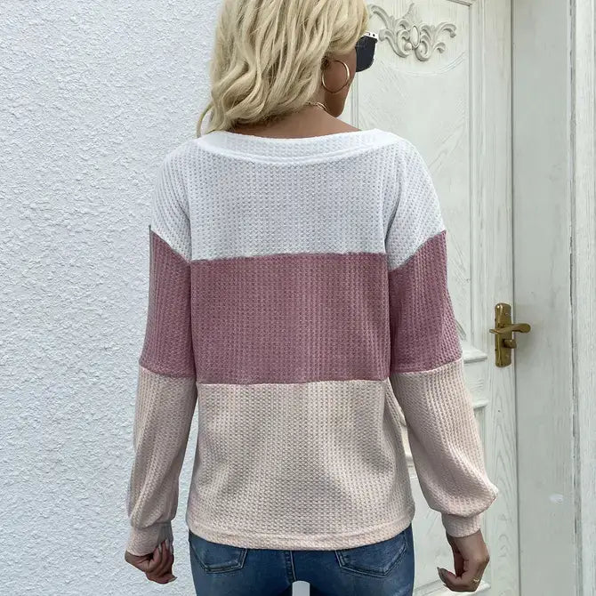 Long Sleeve Pullover Colorblocked V-Neck Knit Sweater