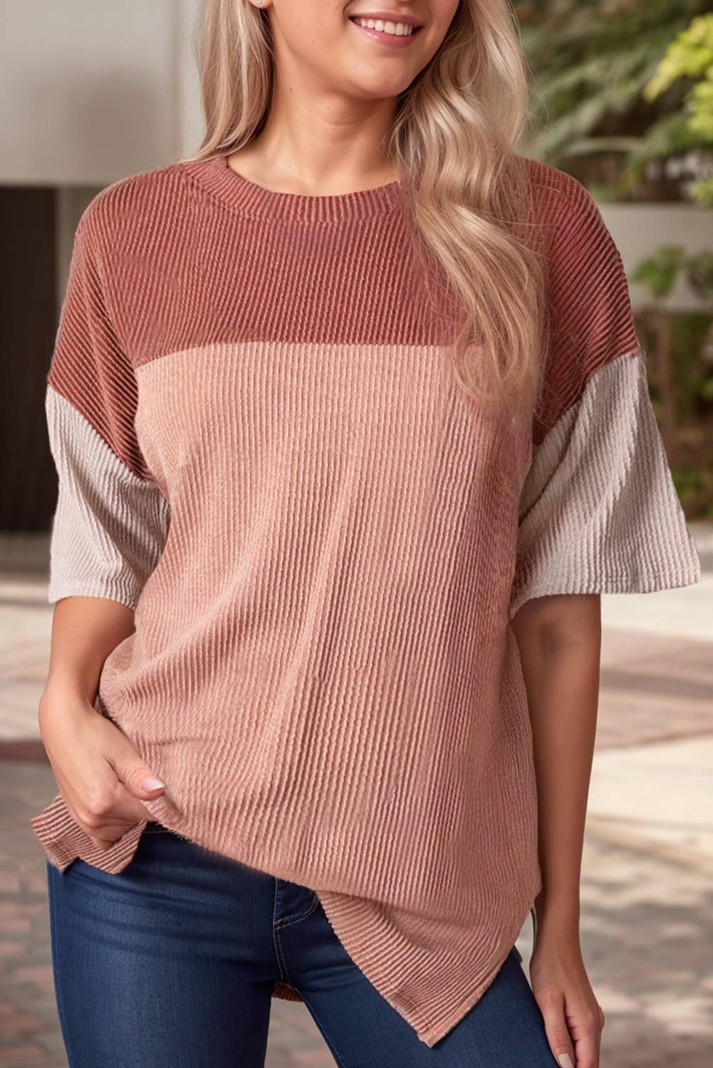 Rose Pink Plus Size Ribbed Colorblock T-shirt