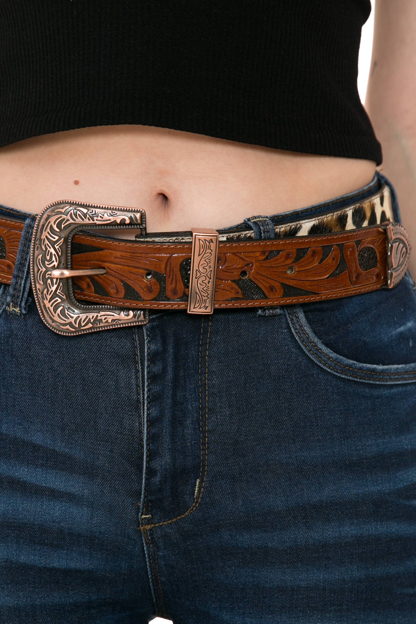 Mixed media leopard print tooled leather belt #ABB 001