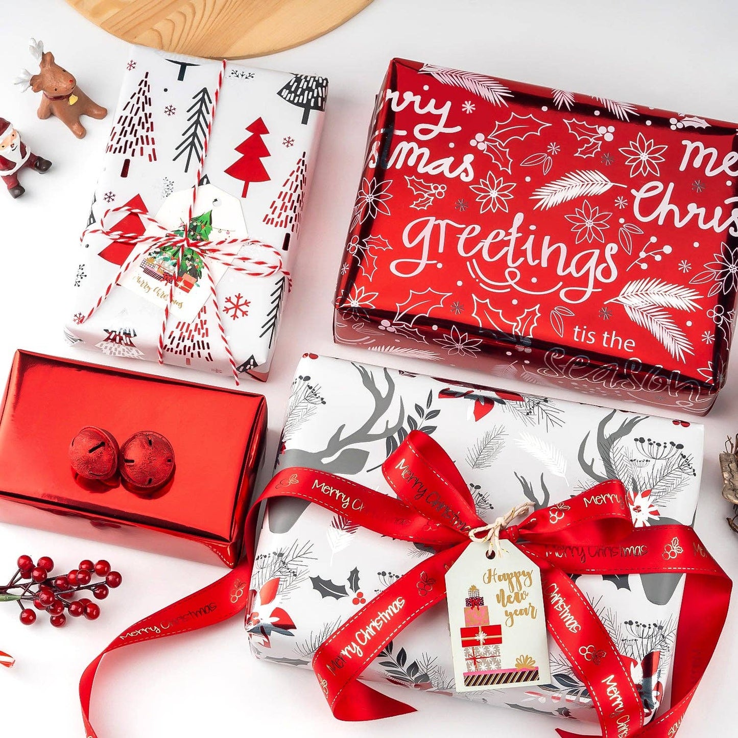 30" x 10' Holiday Wrapping Paper | "Abstract Trees" Gray/Red