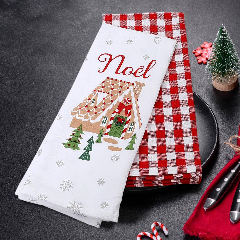 2PCS - NOEL Holiday Gingerbread House Gingham Kitchen Towel Set