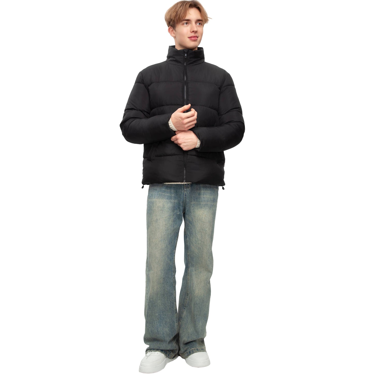 Men's Solid Puffer Coat Stand Up Collar Jacket