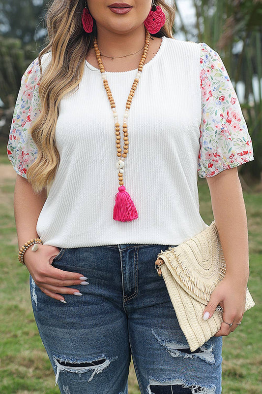 Floral Puff Sleeve Round Neck Ribbed Knit Plus Size Blouse
