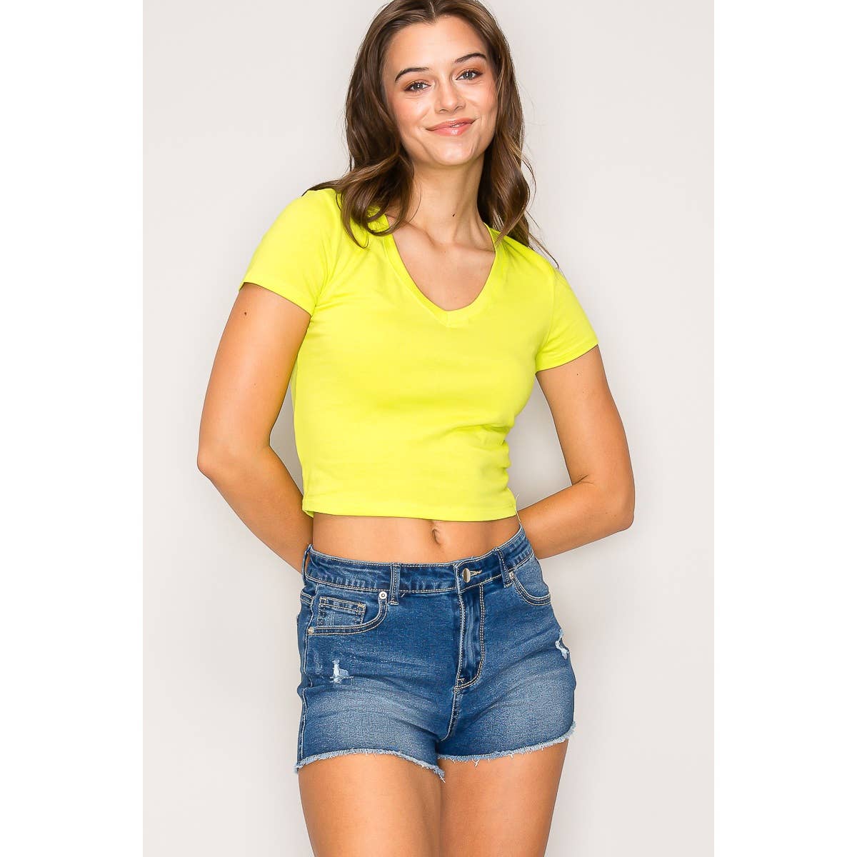 V Neck Short Sleeve Rib Knit Solid Cropped Tee