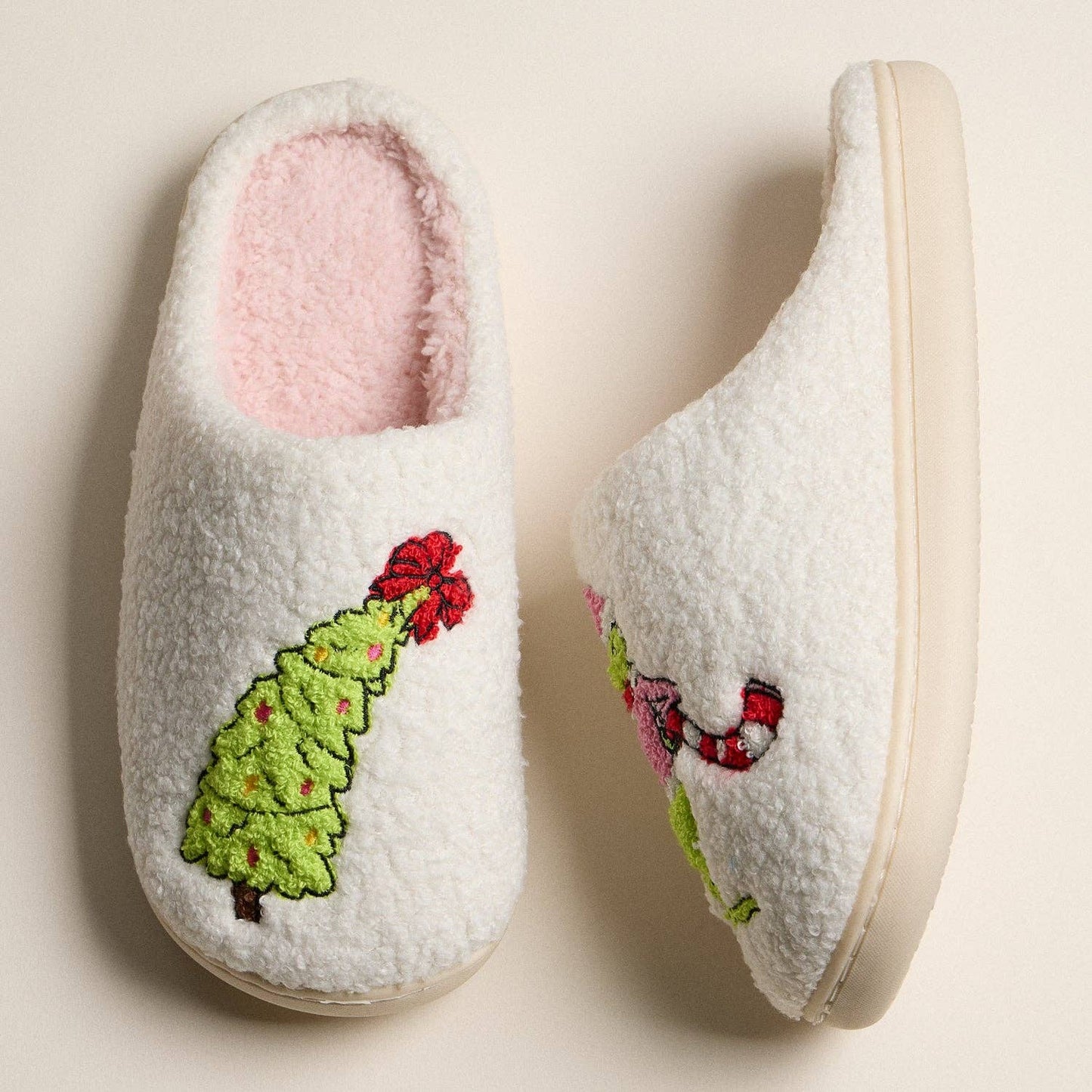 Whimsical Green Monster Tree Embroidered Holiday Slippers for Christmas Gift