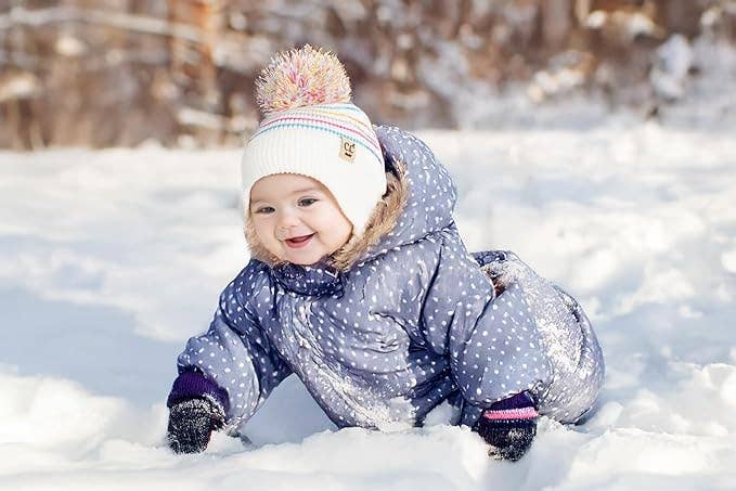 Infant Pom Striped Earflap Beanie - Ivory/Multicolor