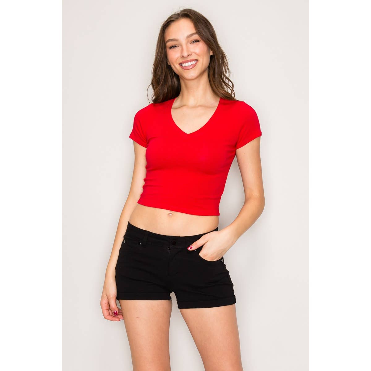 V Neck Short Sleeve Rib Knit Solid Cropped Tee