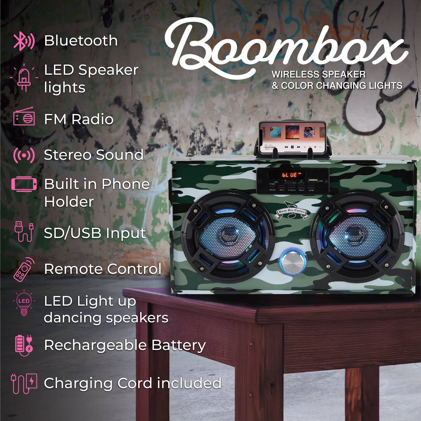 Green Camo Wireless Boombox with FM Radio