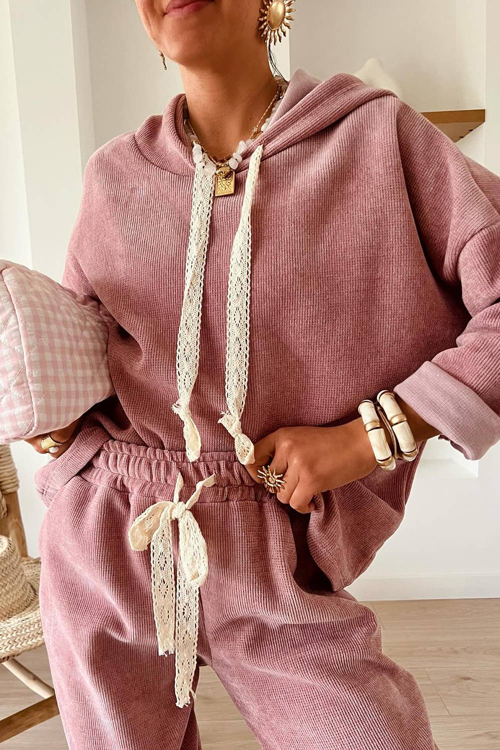 Drawstring Pullover Hoodie and High Waist Pants Corduroy Set