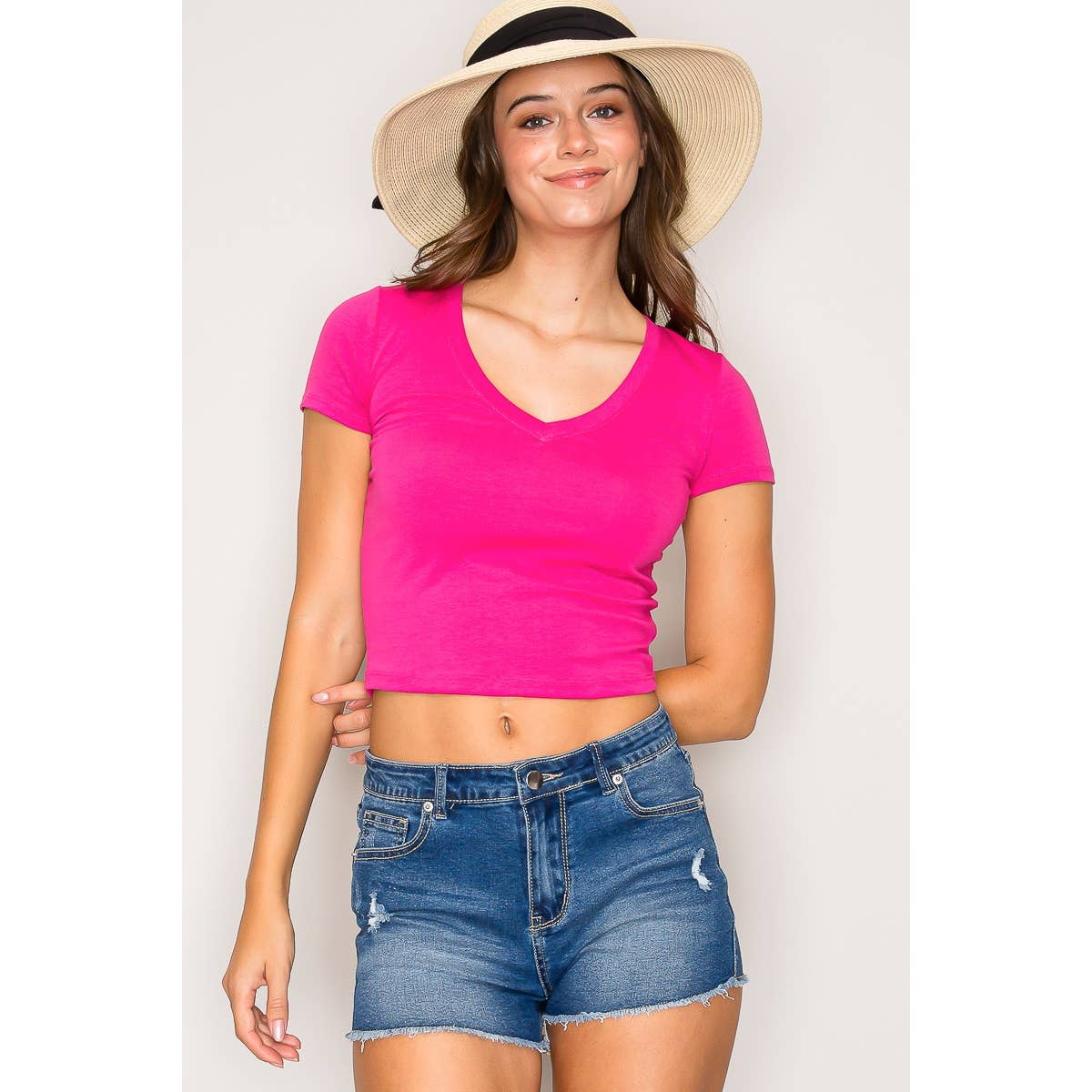 V Neck Short Sleeve Rib Knit Solid Cropped Tee