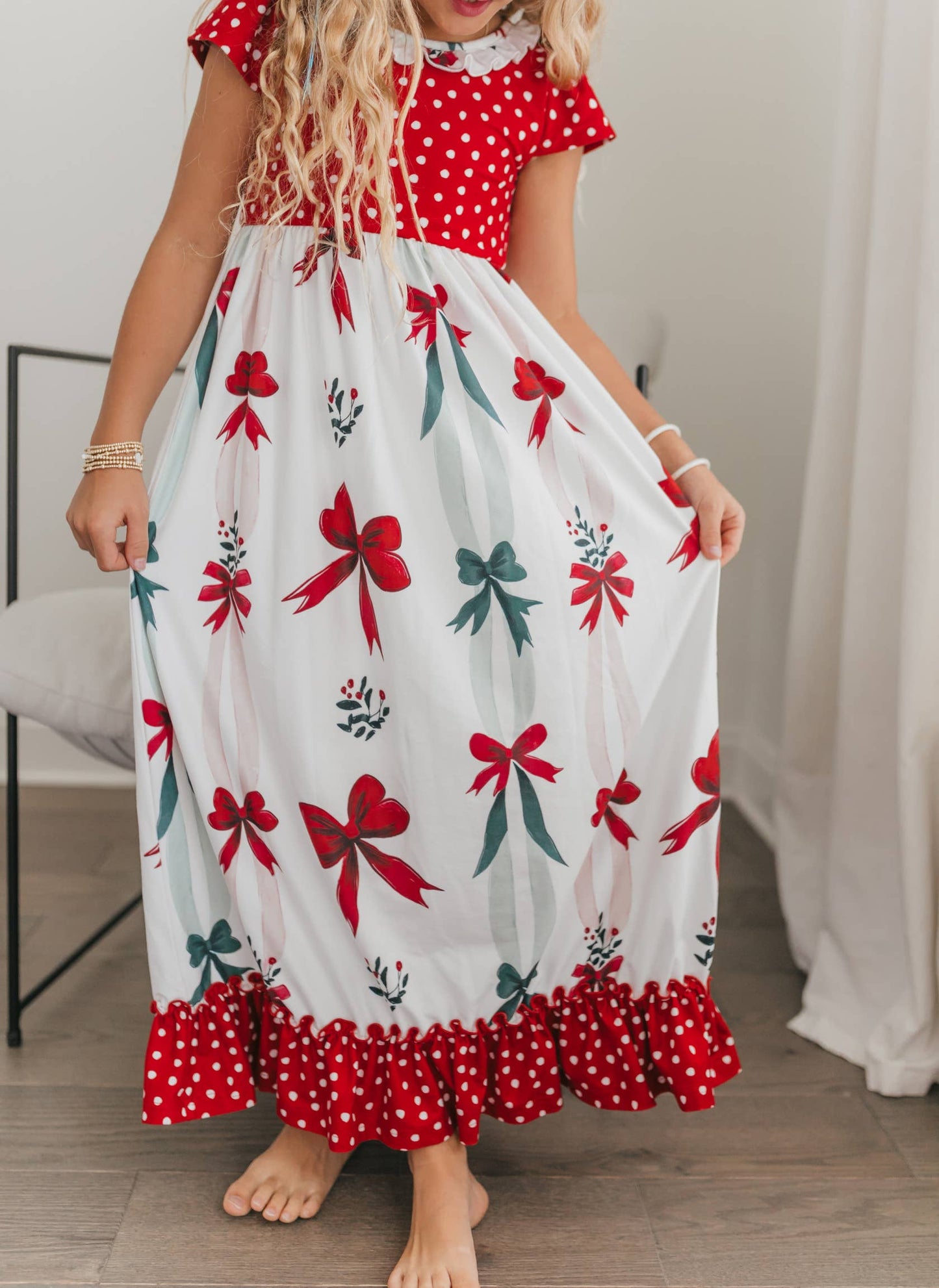 Kids Red Green Christmas Bow Holiday Ruffle Lounge Play Gown