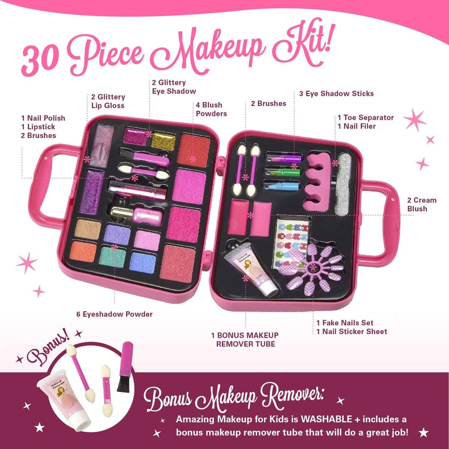 Kids Makeup Kit with Remover - 30Pc Washable Cosmetic Set