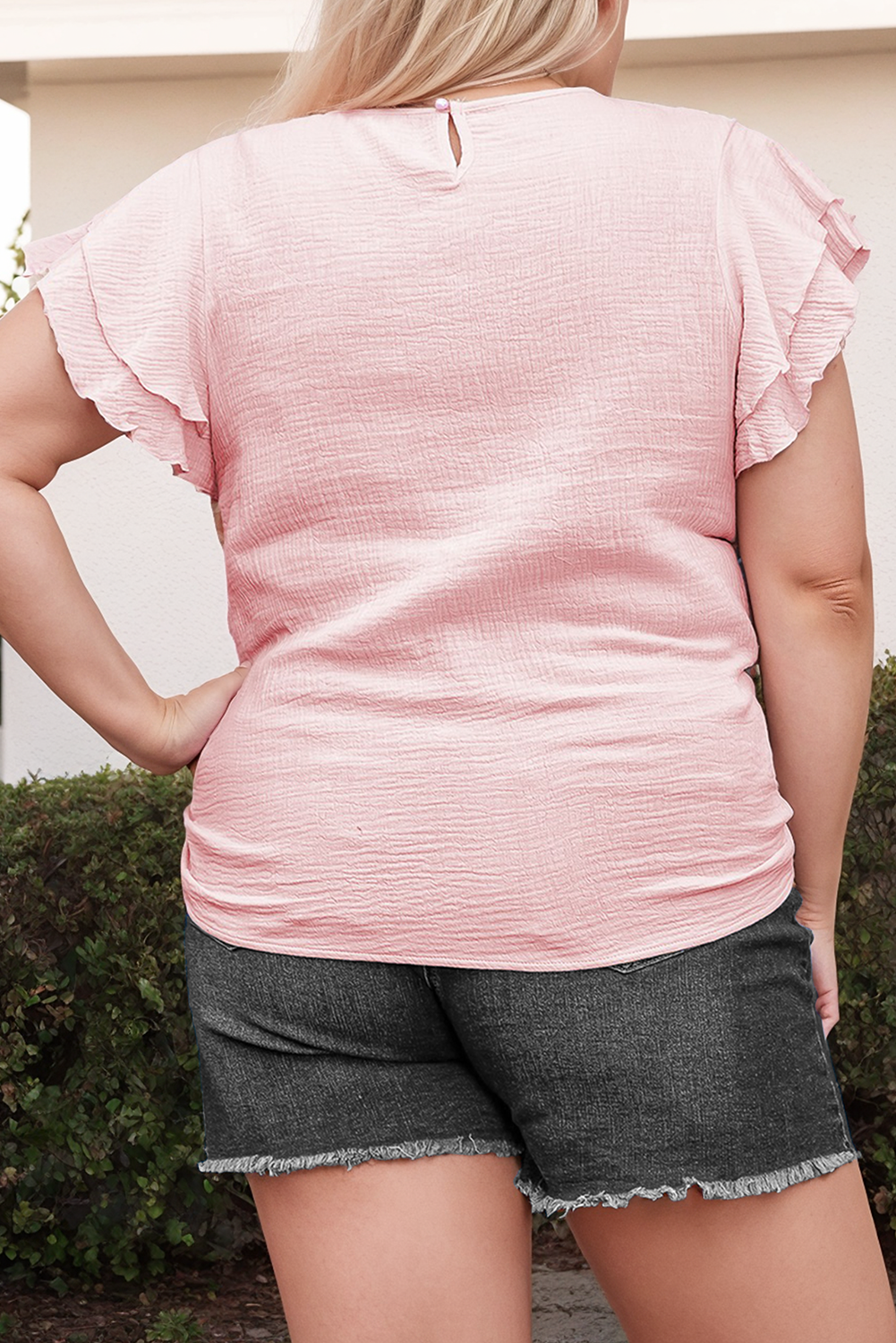 Plus Size Light Pink Ruffle Round Neck Short Sleeve Top
