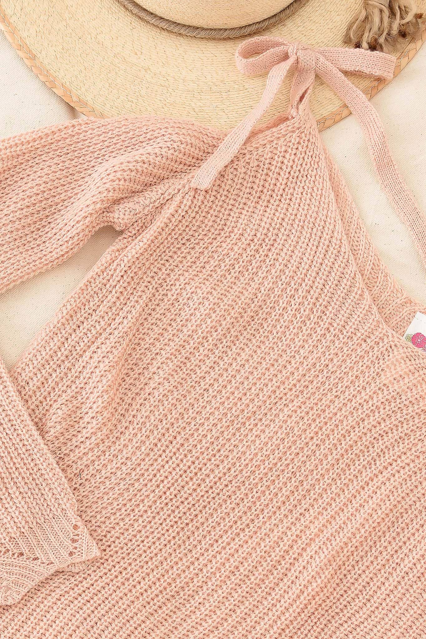 Girls Casual Solid Cold Shoulder Tie Sweater