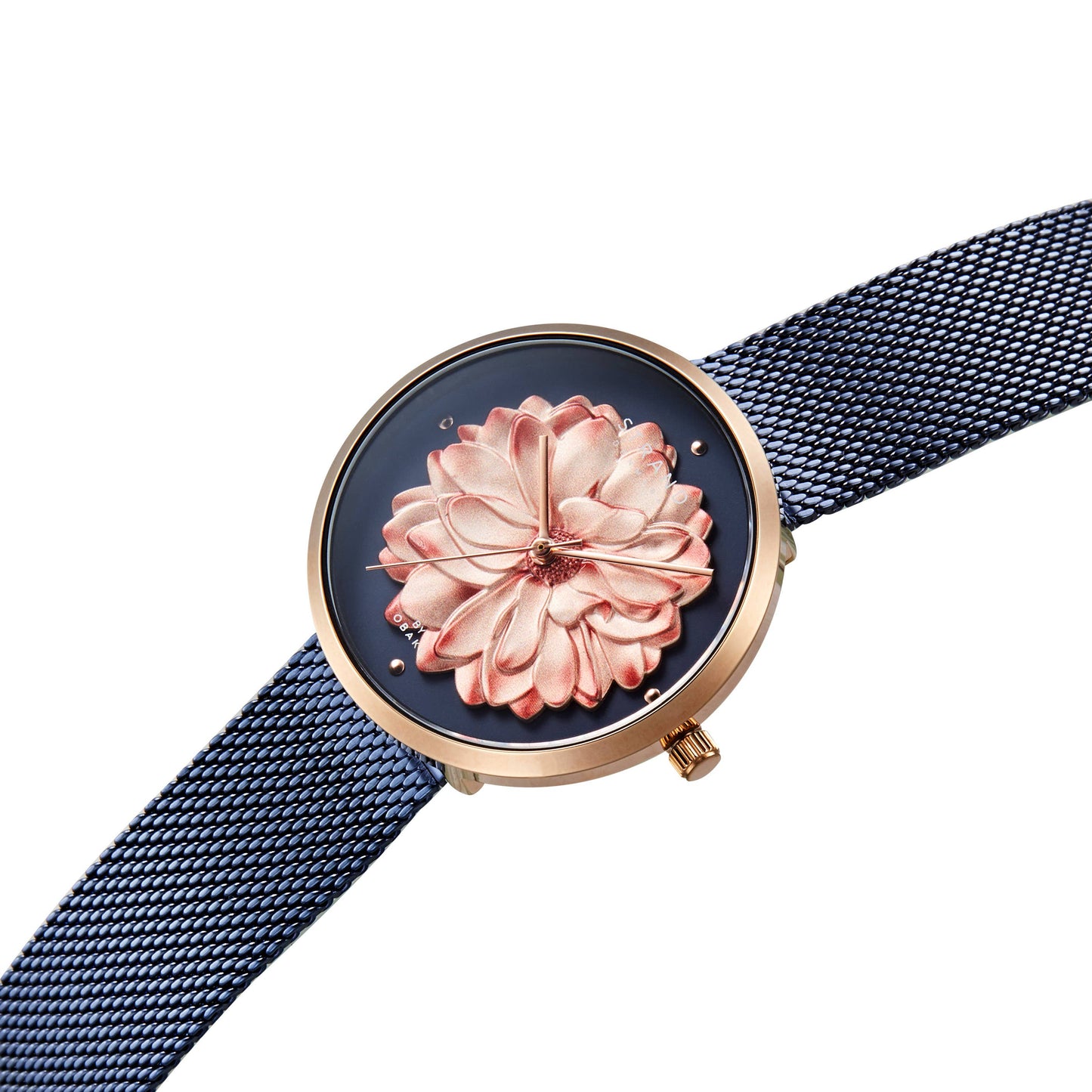 Rose Gold & Blue flower Blossom two-tone quartz mesh watch