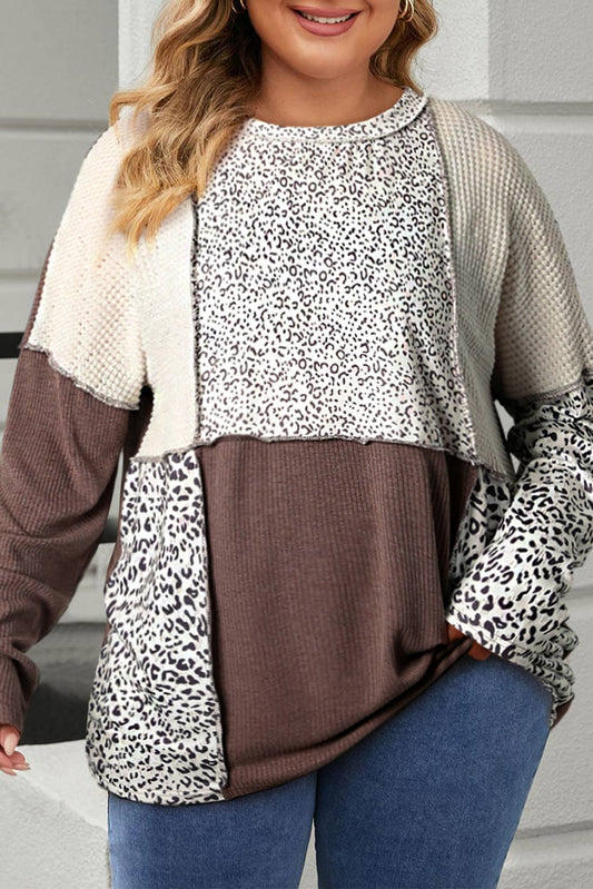 Plus Size Leopard Colorblock Textured Knit Patchwork Top