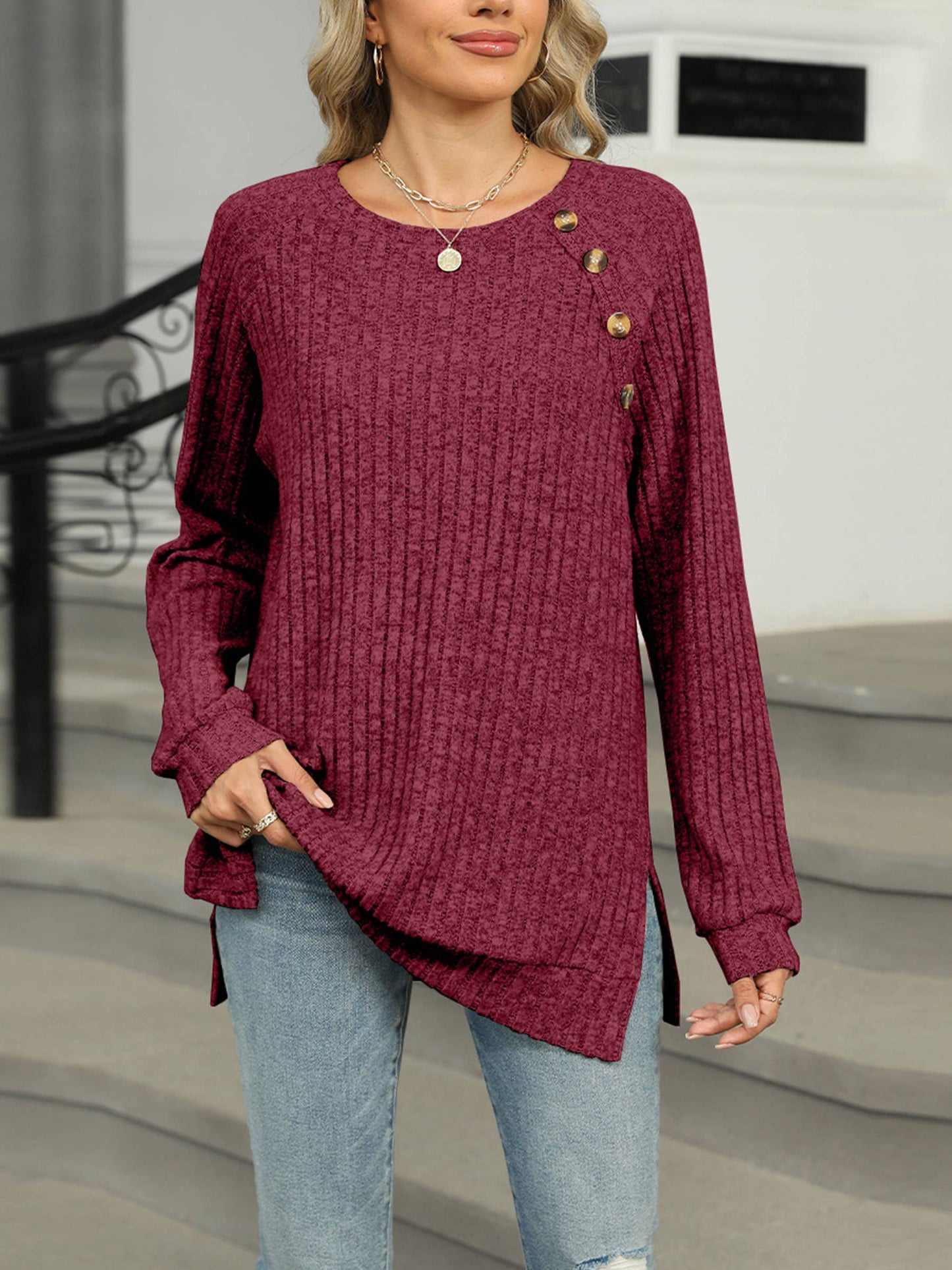Round Neck Solid Color Split Top