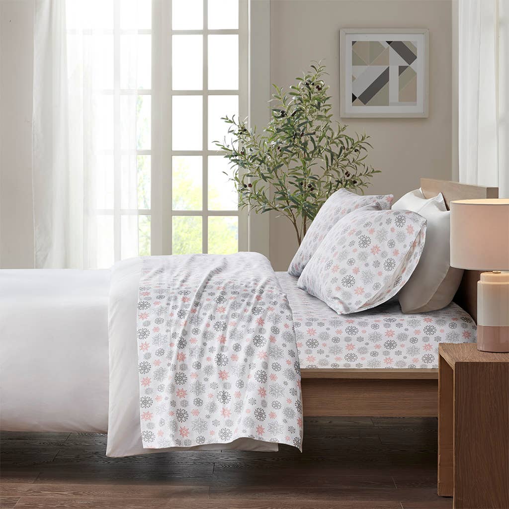 Flannel Cotton Winter Sheet Set, Grey/Blush Snowflakes
