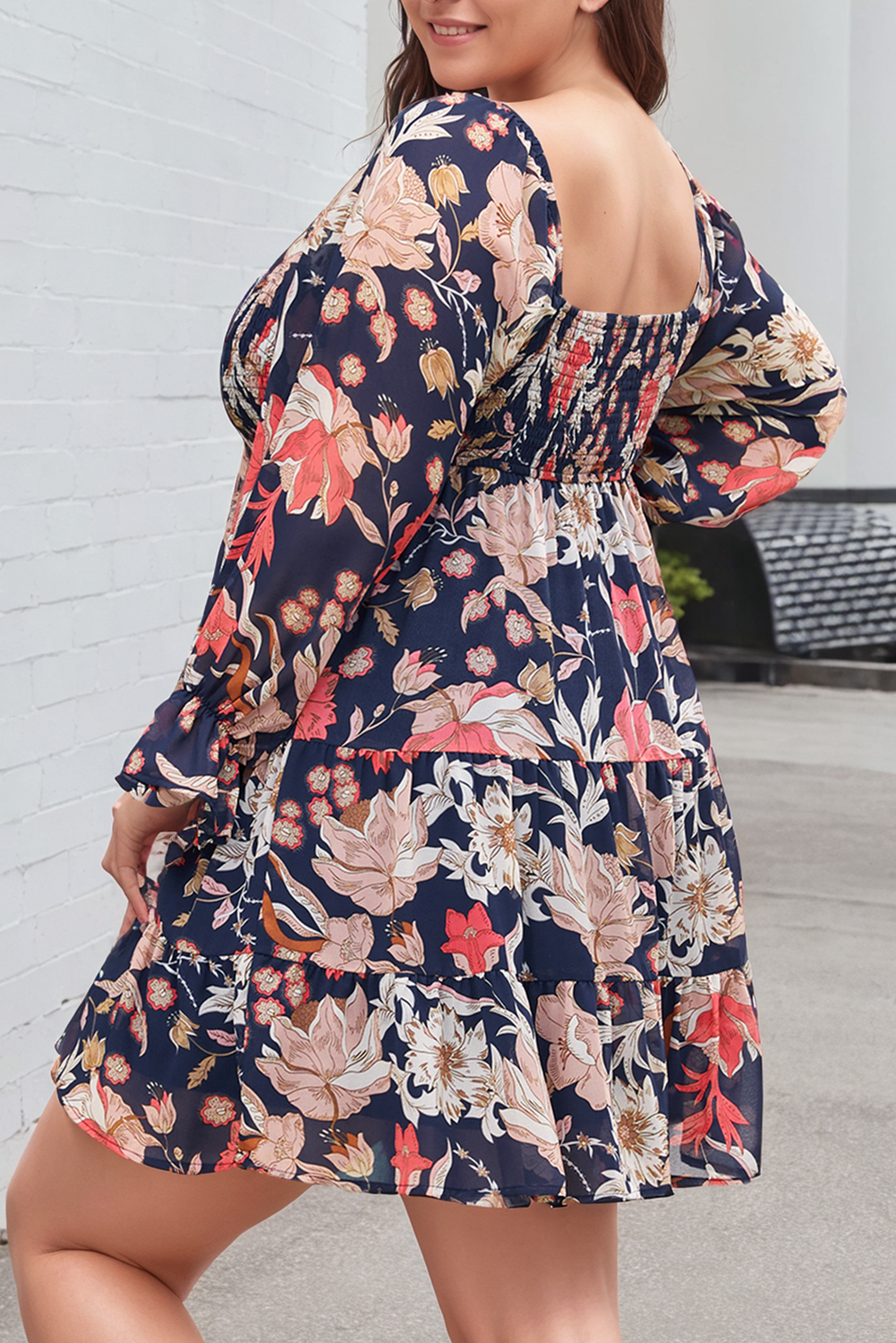 Floral Flounce Sleeve Smocked Ruffled Plus Size Dress