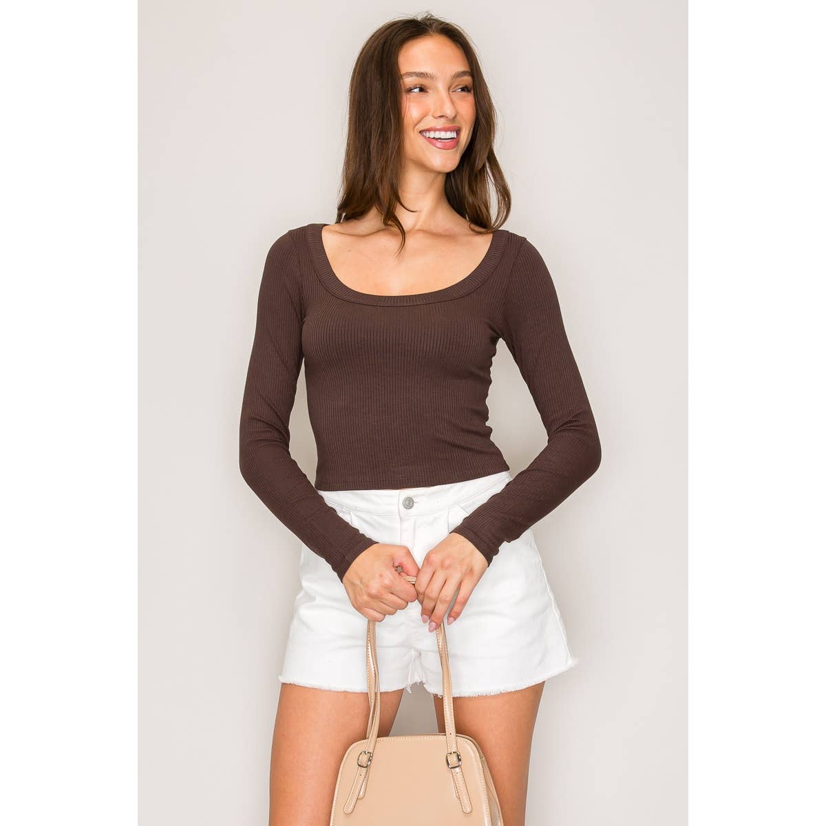 Ribbed Long Sleeve Wide Neck Top
